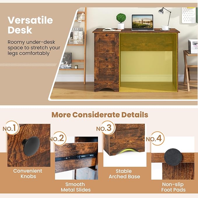 Computer Desk with Power Outlet and Drawers 43 Home Office Desks Farmhouse Writing Study Workstation for Teens Wooden Gaming Table Small Computer Desk for Small Spaces (Rustic Brown)