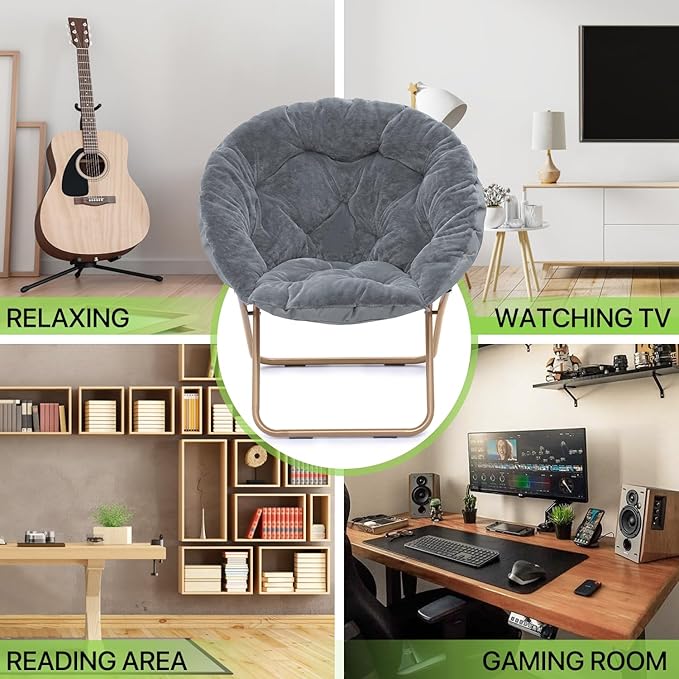 Magshion Folding Saucer Chair for Adults with Ottoman Circle Reading Chair for Bedroom Living Room &amp Dorm Furry Comfy Accent Seat with Metal Leg &amp Thick Padded for Small Spaces (Grey 2 Pac