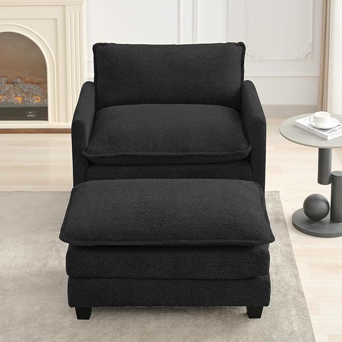 ROWHY Convertible Sectional Couch with Ottoman Single Armchair with armrests Modern Living Room Furniture Set Small Couches for Small Spaces for Living Room Chenille Black
