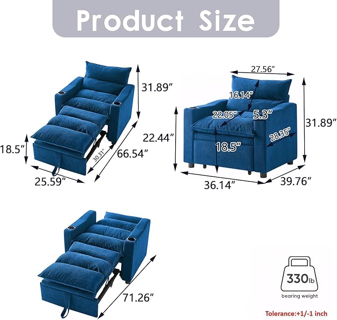 3 in1 Convertible Sleeper Sofa Chair Modern Pull Out Couch Bed Single Chair Bed with Adjustable Back Velvet Folding Compact Recliner for Living Room Bedroom Apartment Small Spaces (Blue)