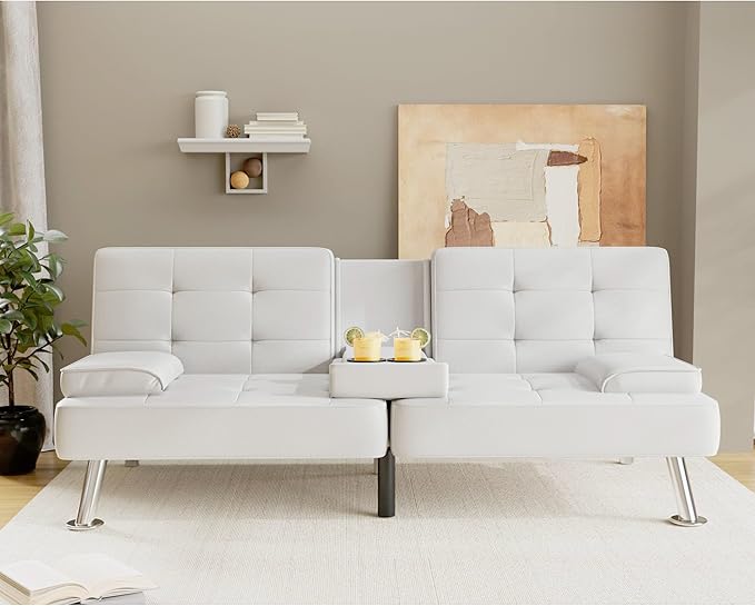 Flamaker Futon Sofa Bed Modern Folding Futon Set PU Leather Convertible Recliner Lounge for Living Room with 2 Cup Holders Removable Armrests (PU Leather White)