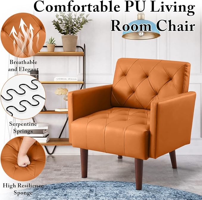 Leather Accent Chair Mid Century Modern PU Leather High Back Armchair for Living Room Chairs with Solid Wood Legs for Small Spaces Bedroom Office (Orange 29.1 x 25.6 x 31.1)