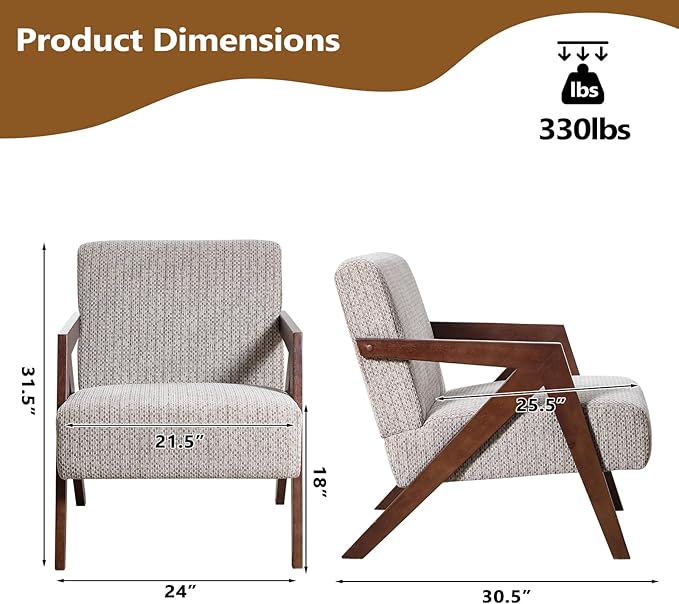 Bonzy Home Mid-Century Modern Accent Chair Set of 2 with Wood Frame Upholstered Armchair for Bedroom &amp Living Room Linen Fabric Cushion Z-Shaped Armrest Design Sturdy Lounge Chair