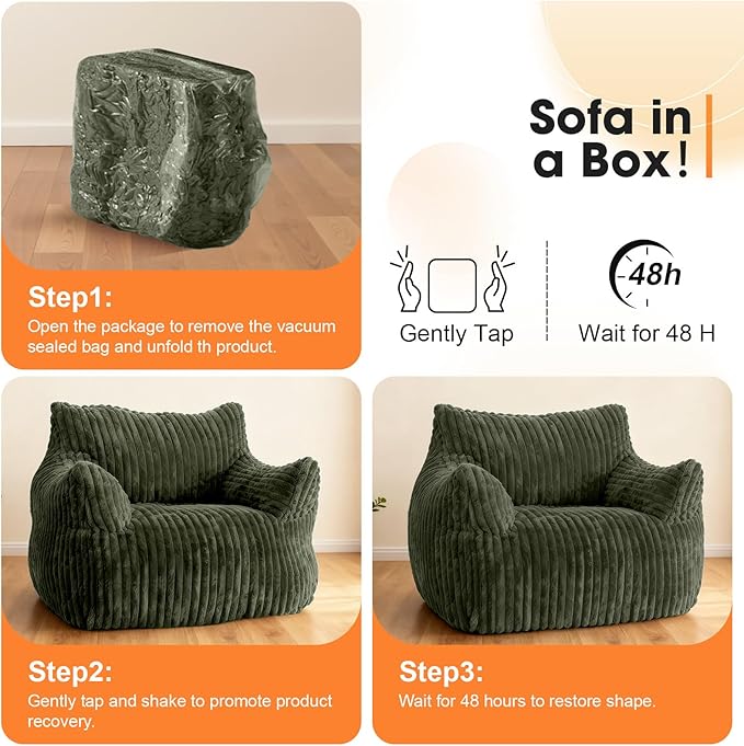 Giant Bean Bag Chair for Adults Oversized Memory Foam Bean Bag Sofa with Armrests Large Comfy Fluffy Single Lounges Mini Couch for Living Room Bedroom &amp Dorm(Green)