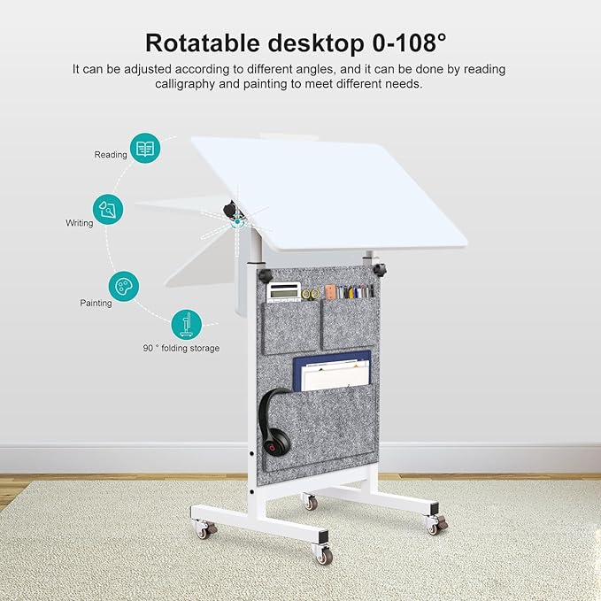 KOUPA Adjustable Height Standing Desk Writable Tempered Glass Desktop with Eraser 360° Flip Wheels and Bag– Ideal for Small Spaces and Home Offices 24 in White(Adjustable Height: 32-47 in)