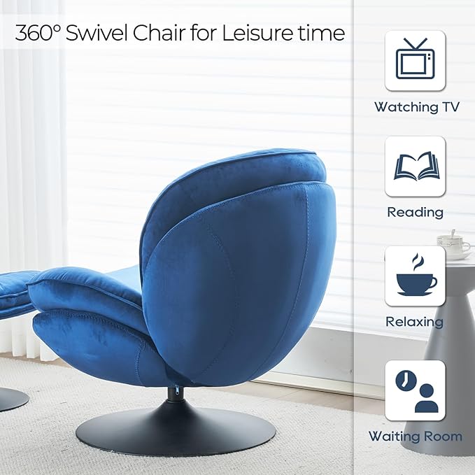 Velvet Swivel Accent Chair with Ottoman Set Modern Tufted Armchair with Footrest for Living Room Reading TV Chair for Adults Comfy Chaise Lounge Chairs with 360 Degree Swiveling for Bedroom Blue