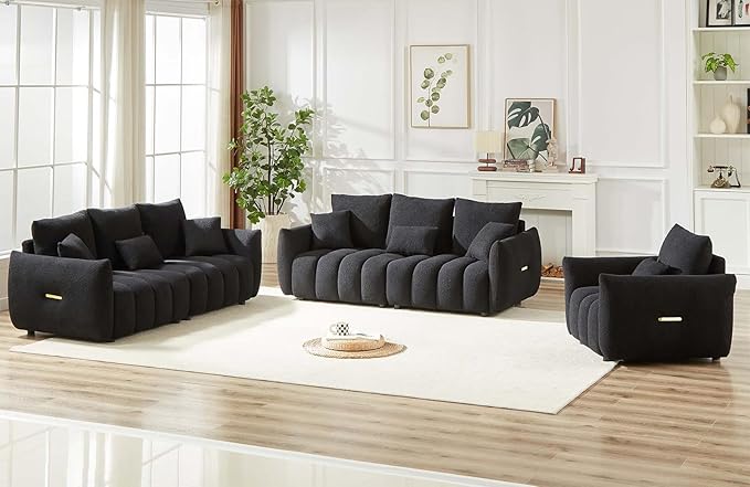 Antetek 78 Modern Sofa Couch Comfy Deep Seat Teddy Cloud Sofa Upholstered 3-Seater Boucle Couch Oversized Loveseat for Living Room Bedroom Office Apartment Black