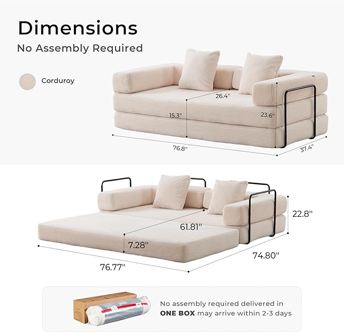 WELAX 77 Convertible Sleeper Sofa Bed Boneless Cloud Queen Futon Couches with 2 Pillows &amp Removable Armrests Corduroy Folding Floor Couch No Assembly for Bedroom Living Room Beige