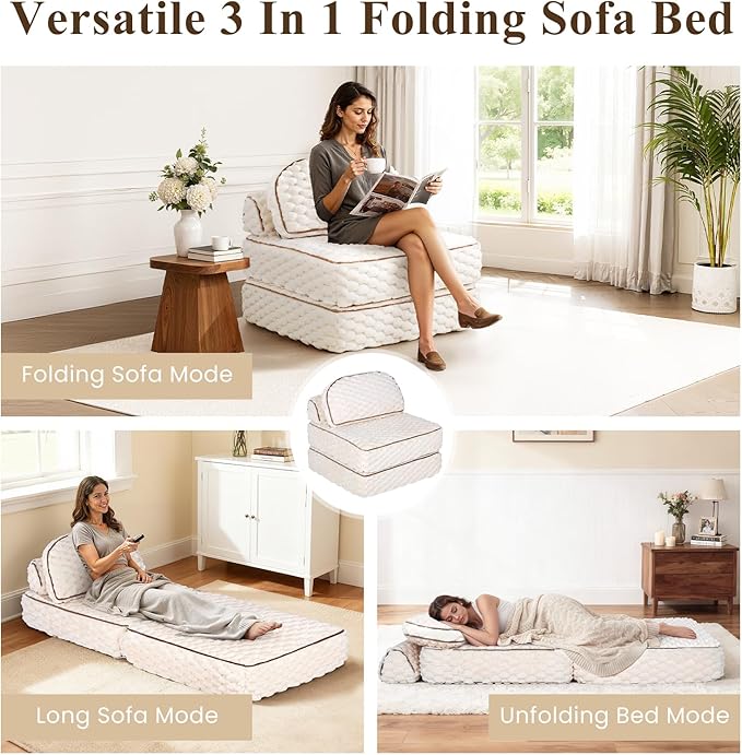 Folding Sofa Bed 3-in-1 Convertible Sleeper Chairs with PillowBack Support Fuzzy Fabric Floor Couch Bed for Adults Boneless Couches Living Room Bedroom ApartmentBeige