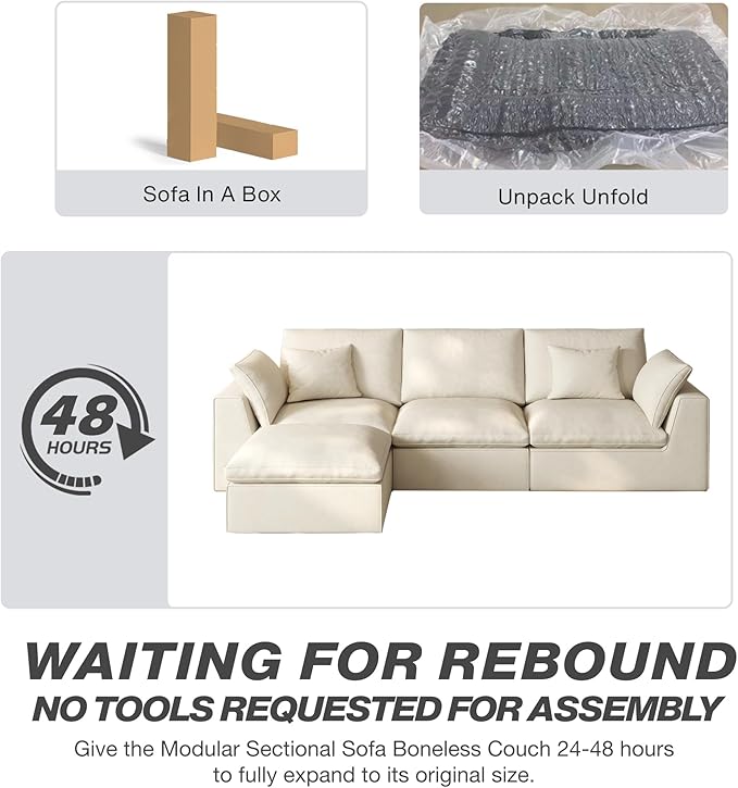 108 Modular Sectional Sofa with blanket4-Piece Boneless Couch Deep Seat Cloud Couch with Ottoman Removable Covers Soft Cushion Support High Back for Living Room/Apartment/Family Lounge Linen Beige