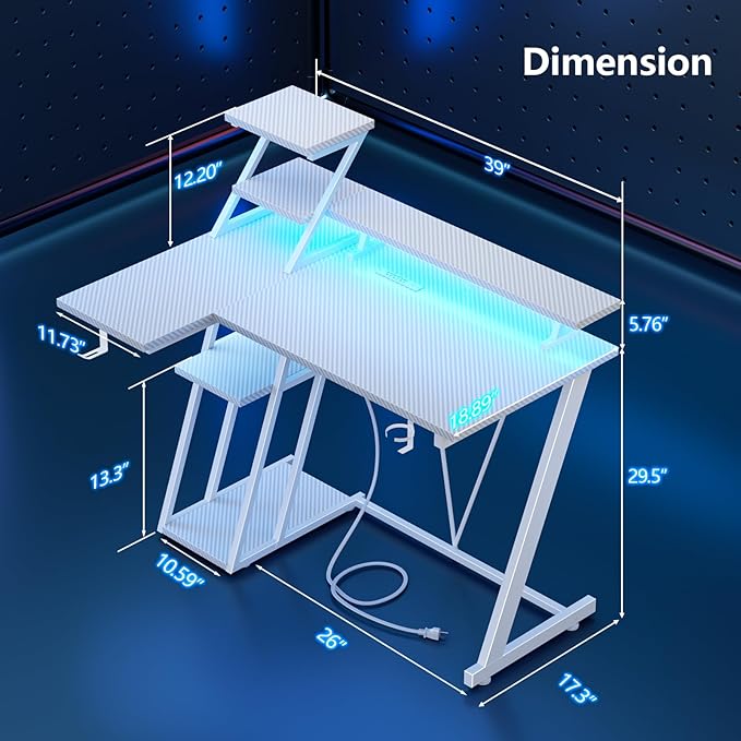 40 Inch White Gaming Desk with LED Lights &amp Power Outlet Small Gaming Computer Desk with Storage Shelves L Shaped Gamer Workstations with Monitor Stand for Bedroom