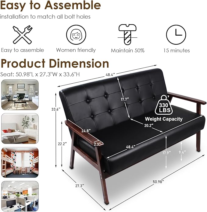 STHOUYN Black Small Leather Couch for Office Booth Seating 2 Person Waiting Room Bench Couch Mid Century Modern Loveseat Wood Sofa (Black)