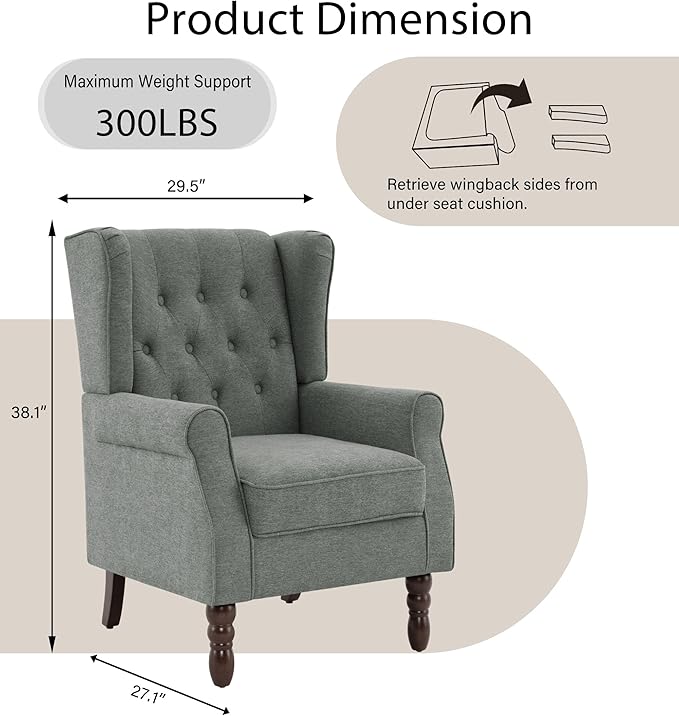 Lumibee High Back Accent ChairUpholstered Wingback Armchair with Solid Wood Legs for Small SpacesComfy Single Sofa Chair for Living RoomBedroomOffice-Gray
