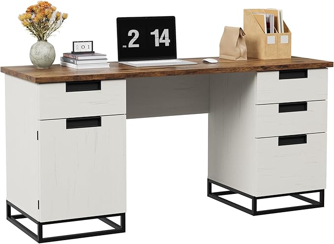 GAOMON Farmhouse Executive Desk 59 Inch Computer Desk White Home Office Desks with File Drawer and Storage Cabinet Wood Writing Desks for Bedroom Home Office White+Vintage