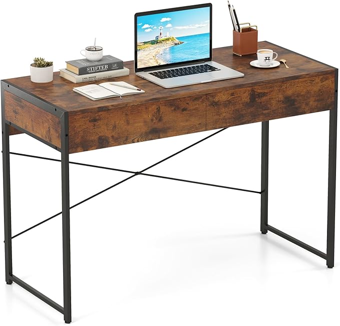 Giantex Computer Desk with 2 Drawers 44 Inch Home Office Desk with Anti-Toppling Device &amp Metal Frame Compact Laptop PC Table Vanity Table Modern Study Writing Desk for Small Spaces (Rustic Br