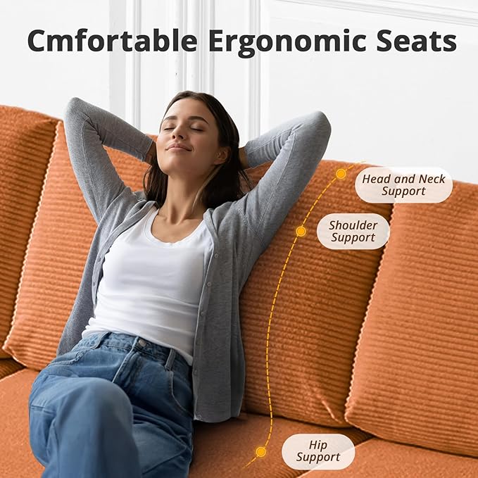 108 L-Shaped Boneless Couch High Seat Modular Sectional Sofa with Moveable Ottoman Corduroy Cloud Couches for Living Room No Assembly Ship in a Box Orange