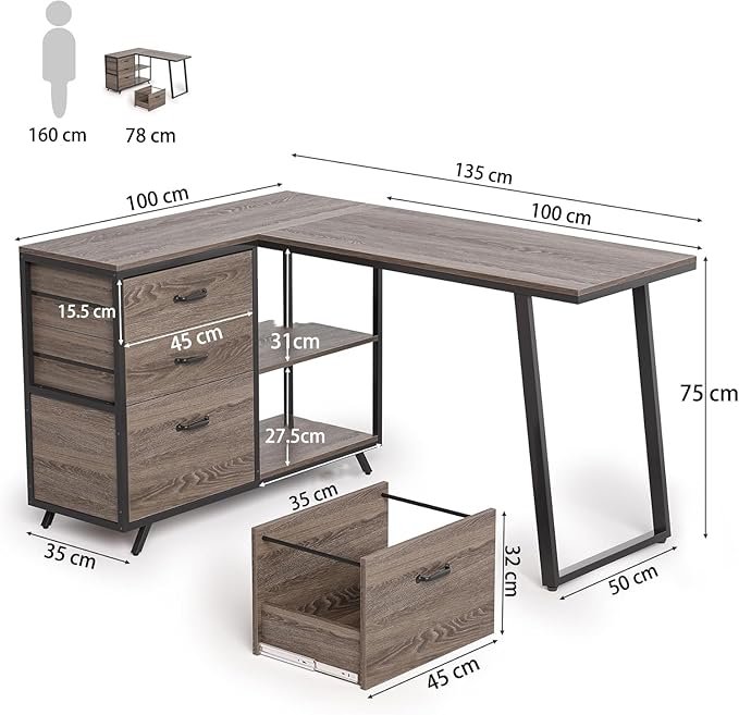 LITTLE TREE L-Shaped Desk with 3-Tier Drawer Cabinet 53 Reversible Corner Desk with Wooden Storage Shelves Farmhouse Computer Desk for Home Office Modern Writing Workstation for Bedroom Grey