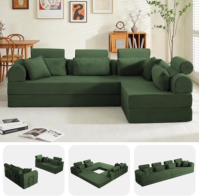 106” Cloud Sectional Couch L-Shaped Sofa with Right Facing Chaise Corduroy Boneless Couches Compressed Modular Sectional Sofa with Deep Seat High Backrest Headrest (Green)