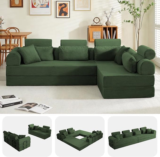 106” Cloud Sectional Couch L-Shaped Sofa with Right Facing Chaise Corduroy Boneless Couches Compressed Modular Sectional Sofa with Deep Seat High Backrest Headrest (Green)