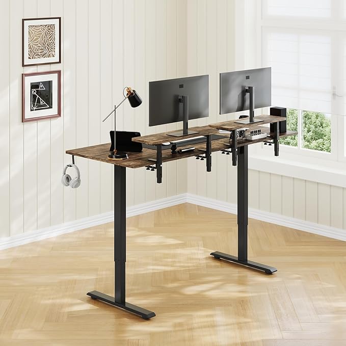 63 x 24 Inches Electric Standing Desk with 2 Monitor Shelves Adjustable Computer Desk from 28-46'' Sit to Stand UpHome Office Desk with Memory Controlller for Workstations Rustic Brown