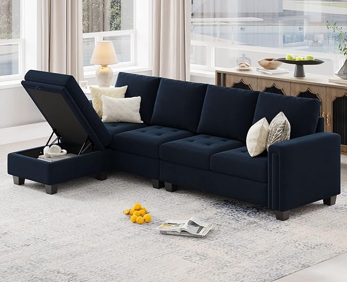 Belffin Velvet Reversible Sectional Sofa with Chaise Convertible L Shaped 4-seat Sectional Couch with Storage Ottoman Blue