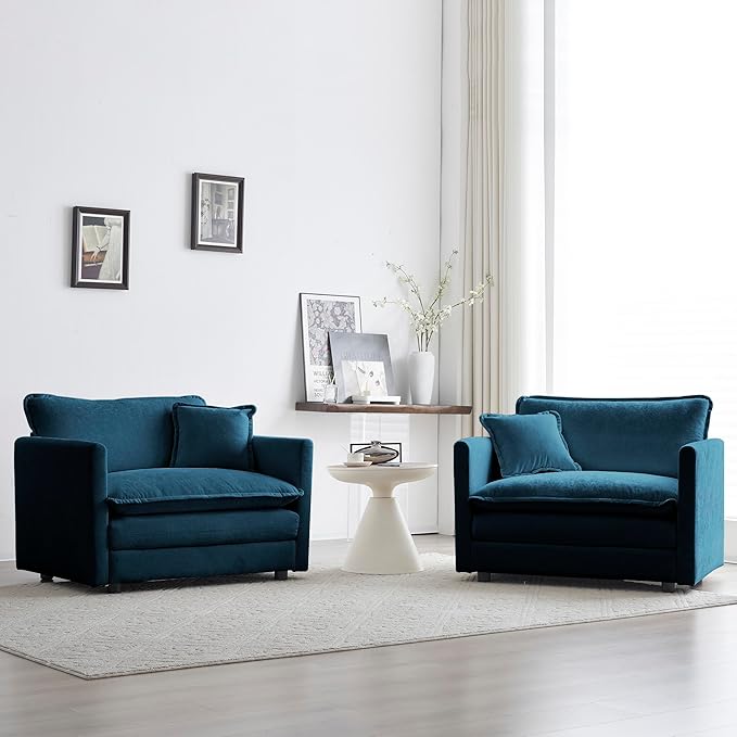 mikibama 41.4 Inch Single Seat Sofa Chenille Comfy Deep Upholstered Couch Armchair with Toss Pillow for Living Room Bedroom Office Apartment Blue