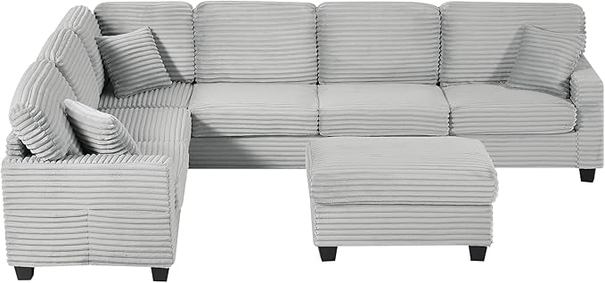 125.2 Sectional Sofa U-Shaped Upholstered Sofa L-Shaped Couch with a Movable Ottoman and Side Storage Pockets for Living Room Grey