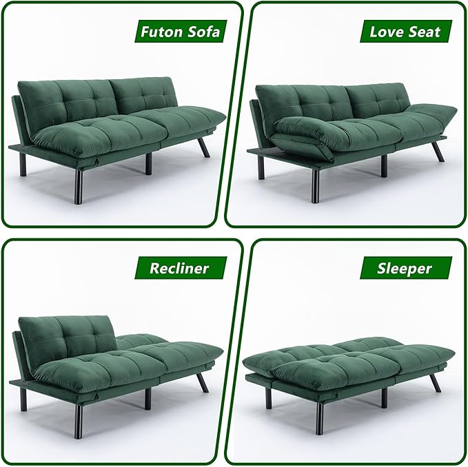 71 Velvet Futon Couch Bed with Mattress IncludedConvertible Folding Sleeper Sofa Bed with Adjustable BackrestsModern Loveseat Sleeper for Living Room Bedroom Small Space Home Office (Green)