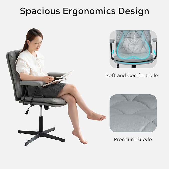 Home Desk Chair No Wheels with Arms Crossleg Stationary Ergonomic Office Swivel Working Computer Chair Grey