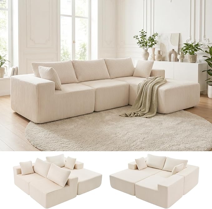 DUMOS 108” Modular Sectional Sofa Cloud Sectional Couch with Deep Seat Modern Modular L-Shape Sofa Couch with ChaiseUpholstered Boneless Couches for Living Room Bedroom (BeigeRight Facing Chaise)