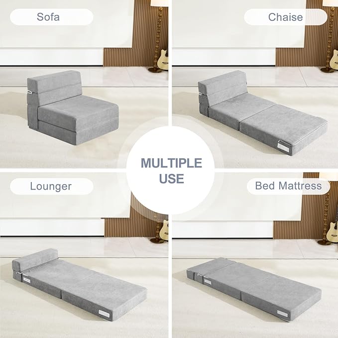 ANONER Folding Sofa Bed Couch Memory Foam Fold Out Chair Bed with Pillow Single Size Convertible Sofa Bed Futon Sleeper Chair Light Gray