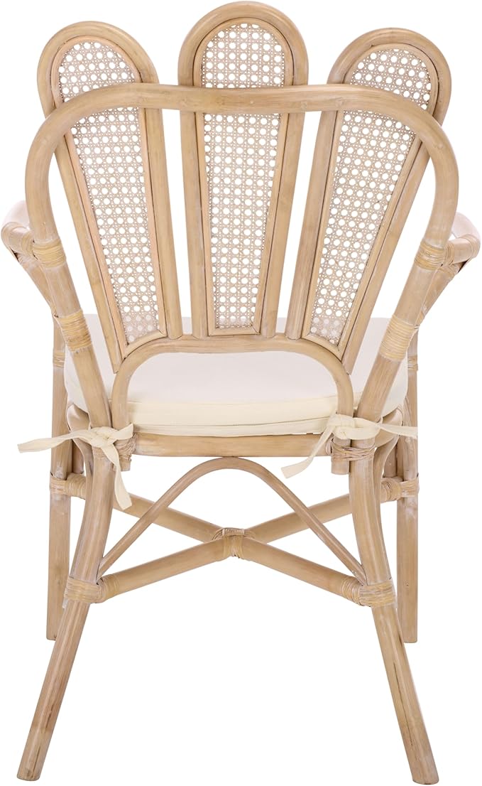 SAFAVIEH Home Collection – Maki White Washed Rattan Arm Chair with Ivory Seat Cushion Curved Scalloped Back Design Fully Assembled (ACH4904A)