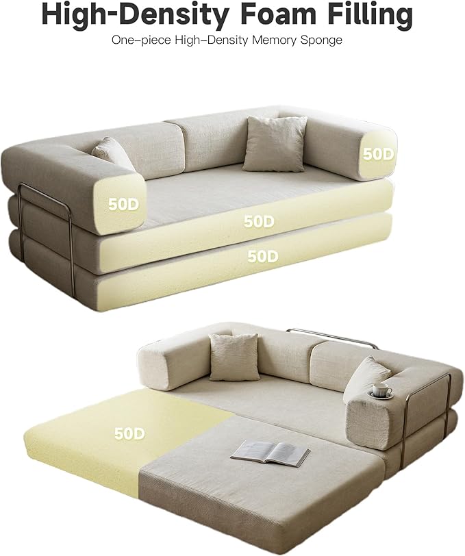 No Assembly Convertible Sofa Bed &amp 79 Boneless Couch with Pocket  5-in-1 Futon Sofa Bed with 2 Pillows Modular Pull Out Couch Bed with FrameCompression in Box for Living Room Small Spaces Beige
