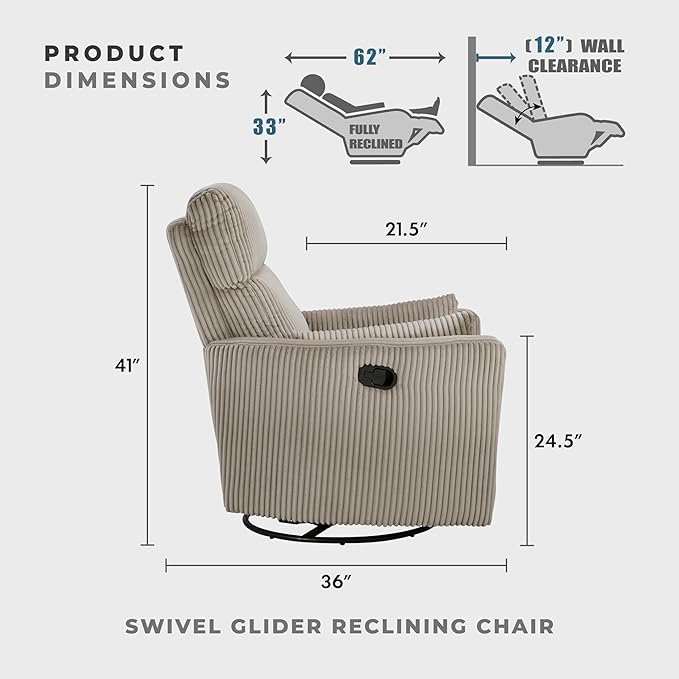 Lexicon Modern Swivel Glider Recliner Chair Nursery Glider Corduroy Fabric Upholstery Recliner with 2 Lumbar Pillows Manual Reclining Sofa Chair for Living Room/Office/Apartment Taupe