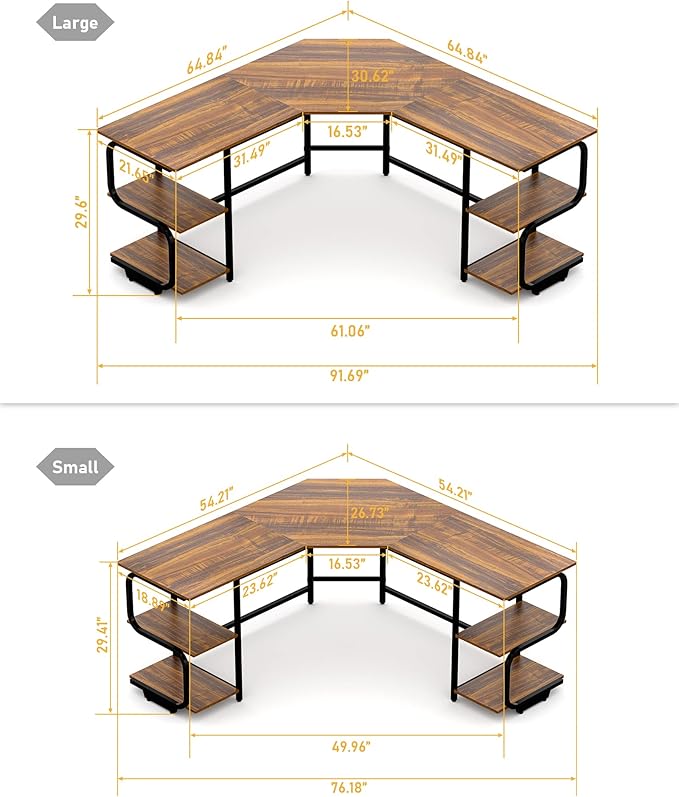 Teraves Modern L Shaped Desk with Shelves64.84 Computer/Gaming Desk for Home OfficeCorner Desk with Desktop (Teak+Black Frame Large+4 Tier Shelves)
