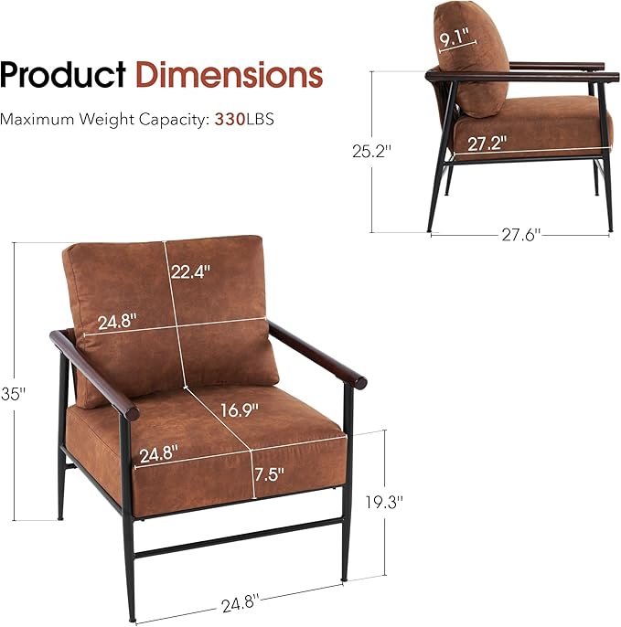 MCombo Modern Accent Chairs Armchair with Upholstered Cushion Leathaire Fabric Lounge Chairs for Living Room 4748 (2 Saddle)