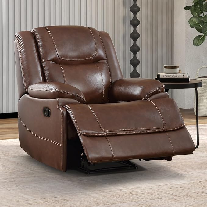 EBELLO Genuine Leather Recliner Manual Chair for Living Room 1 Seater Reclining Sofa Chair with Headrest and Armrest Modern Durable Home Furniture for Small Space Meeting Room Vintage Brown
