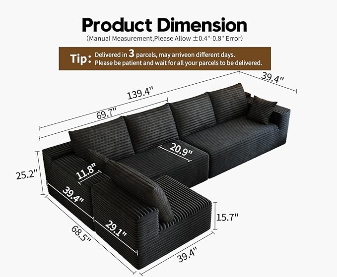 139.4 Modular Sectional Sofa L-Shaped Minimalist Couches with Middle Seat Chaise Modern Deep Seat Convertible Sleeper SofaCloud Plush Corduroy Fabric No Assembly Required 5 Seater Black