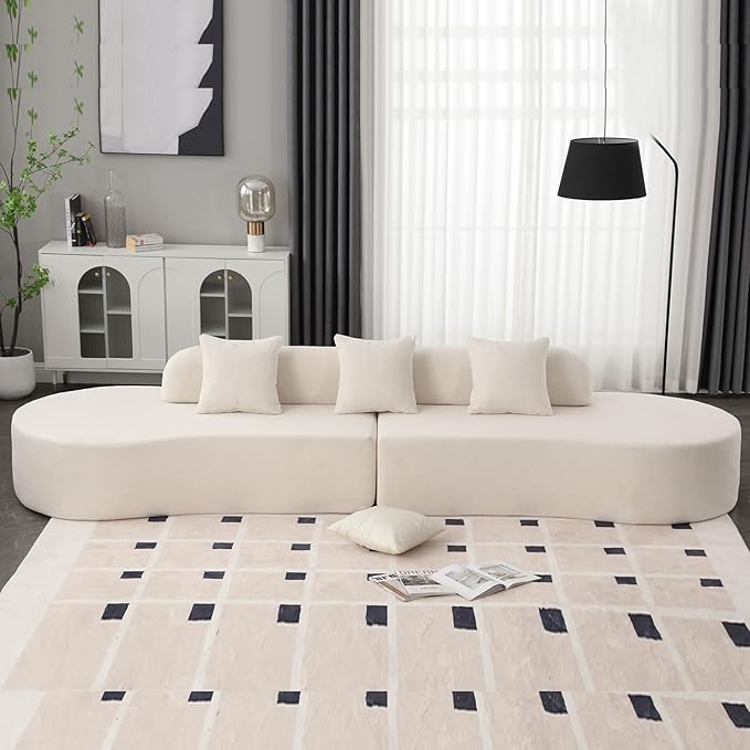 130.5” Curved Sofa for Living Room Cloud Sectional Couch Modern Boneless Lounge Sofa 4-Seater Beige Oversized Compressed Couch with 3 Pillows for Apartment Bedroom Office