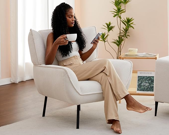 AMERLIFE Accent Chair Set- Upholstered Living Room Chair with High Wingback White Reading Armchair for Meeting Room Comfy Corduroy Chair Set of 3