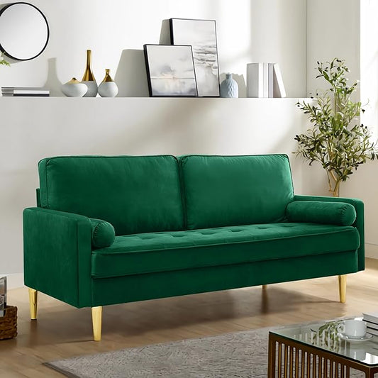 SZLIZCCC 67 LoveSeat Sofa Love Seat Couch Mid Century Modern Couchs Velvet Fabric Pull Dot Design Sofas with Two Round Pillows for Small Spaces Living Room Dorm Bedroom Apartment (67 Green)