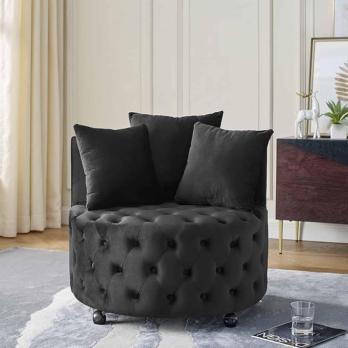 Velvet Upholstered Swivel Chair for Living Room with Button Tufted Design and Movable Wheels Including 3 Pillows Black