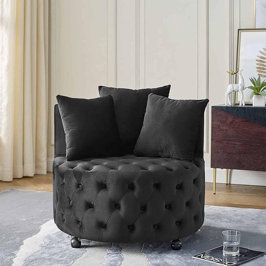Velvet Upholstered Swivel Chair for Living Room with Button Tufted Design and Movable Wheels Including 3 Pillows Black