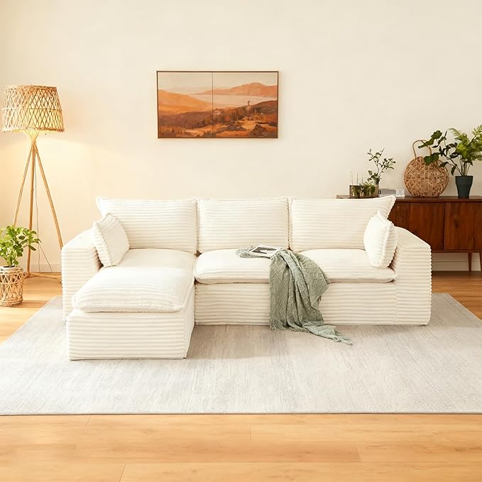110 Inch Modular Sectional Sofa - Cloud Sectional Couch with OttomanCorduroy Boneless Couches with Deep SeatModern Sponge Compressed Couches for Living Room (White 4 Seat -L Shape Couch)