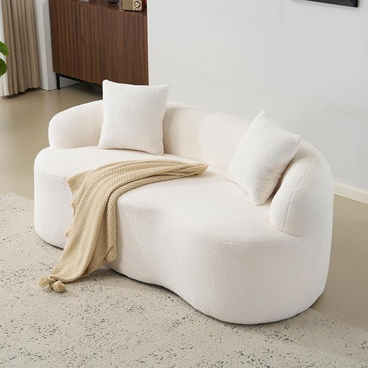 72” Curved Loveseat Sofa Modern Teddy Boneless Couch with 2 Pillows for Small Spaces Living Room Bedroom No Assembly Required (Cream White)