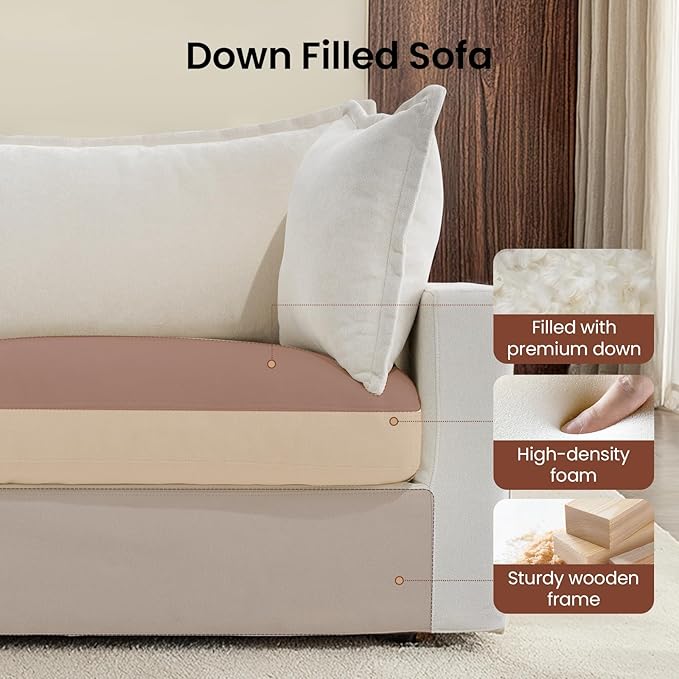 118.5 U Shaped Down Filled Couch Chenille Modular Sectional Sofa with 2 Storage Ottoman 3 Seater Sectional Couch with Deep Seat Mordern Sectional Couches for Living Room Beige