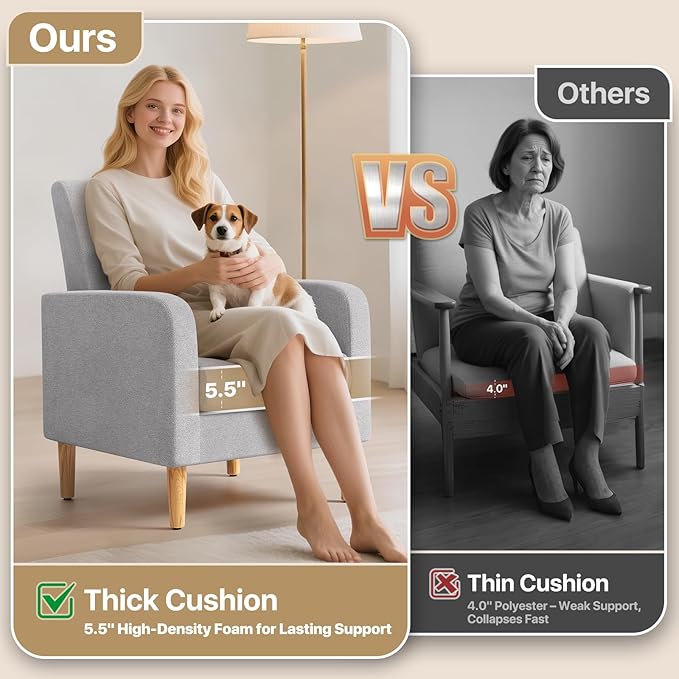 MoNiBloom Accent Chair with Back Pillow Upholstered Club Arm Chair Modern Living Room Chair with Wooden Legs for Bedroom Corner Living Room Reading Nook Gray