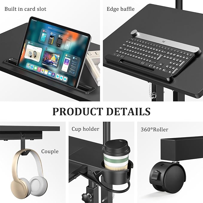 Small Standing Desk with Wheels Mobile Stand Up Desk Portable Standing Table on Wheels for Walking Pad Rolling Computer Desk Adjustable Height Tall Table