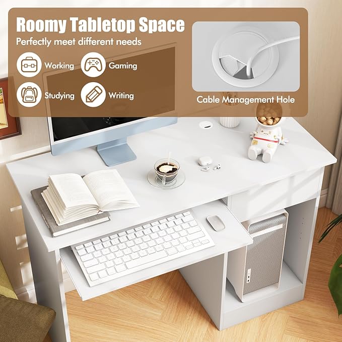 Computer Desk with Drawers Modern Office Desk with Keyboard Tray and Open Storage Shelf Study Table for Kids White Home Office Desks Small Desk for Bedroom Living Room Study (White)