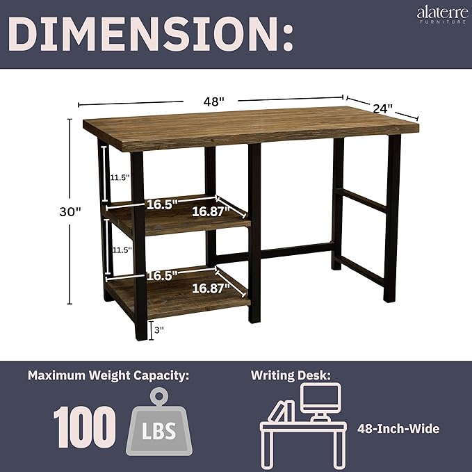 Alaterre Furniture Pomona 48-Inch Industrial Study Desk with Solid Pine Wood Top 2 Open Shelves and Metal Frame – Writing Desk with Floor Levelers for Home Office Bedroom or Dorm (Natural Finish)